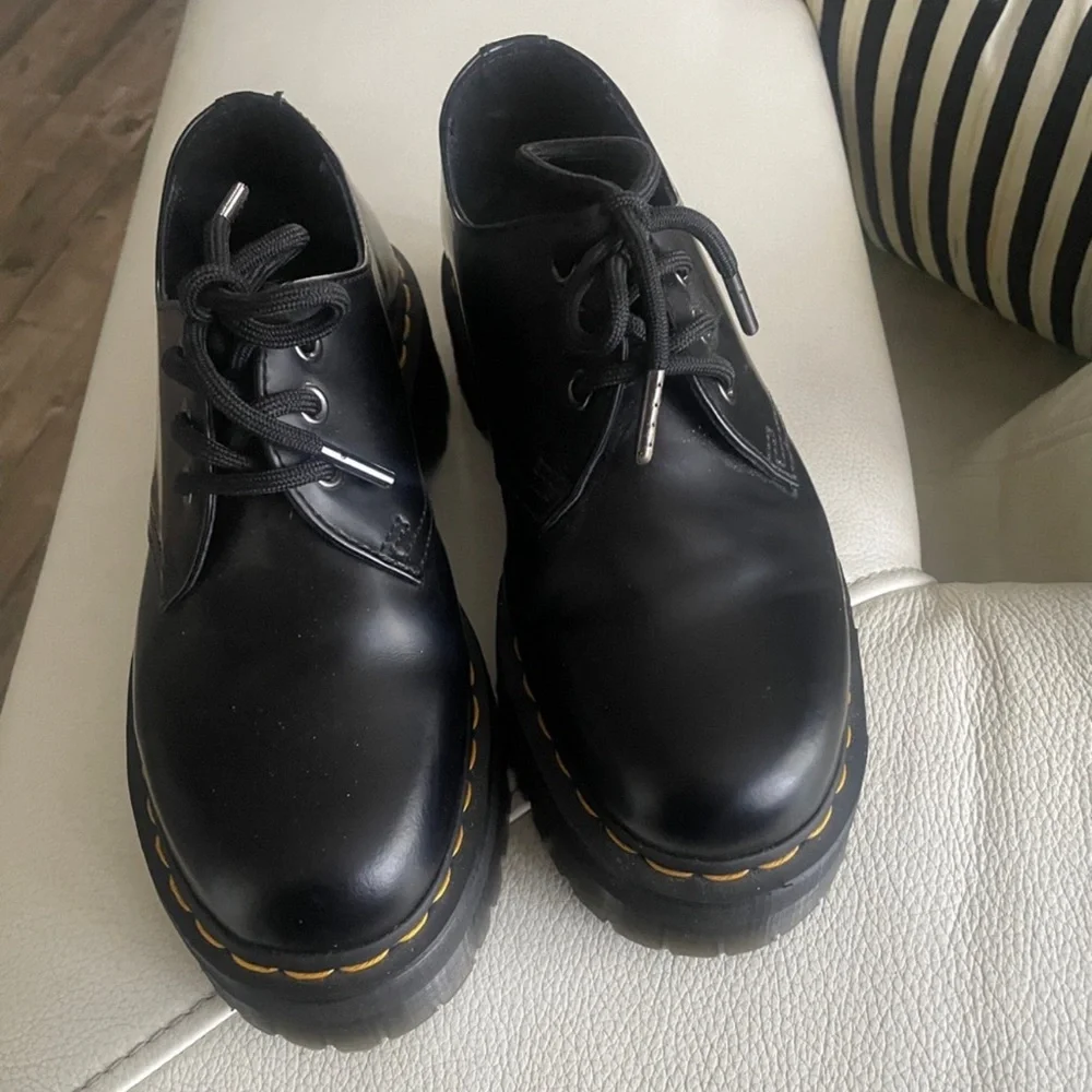 Dr. Martens Black Leather Lace-Up Platform Shoe with Yellow Stitching